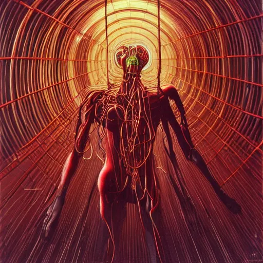 Image similar to a cyborg with many wires and cables Bursting out of them uncontrollably by Zdzisław Beksiński and syd mead