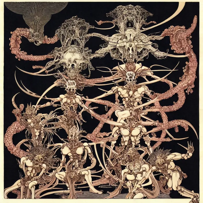 Image similar to still frame from Prometheus by Utagawa Kuniyoshi, Ossiarch Bonereaper ornate bone cyborg god powered by magic and souls exploding along by Wayne Barlowe by peter Mohrbacher by Giger, dressed by Alexander McQueen and by Neri Oxman, metal couture hate couture editorial