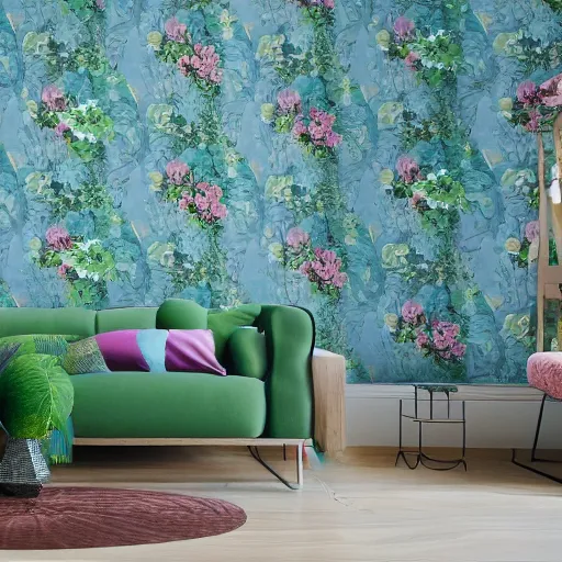 Image similar to interior of a living room, floral wallpaper texture, blue, green, pink, photorealist, 4 k