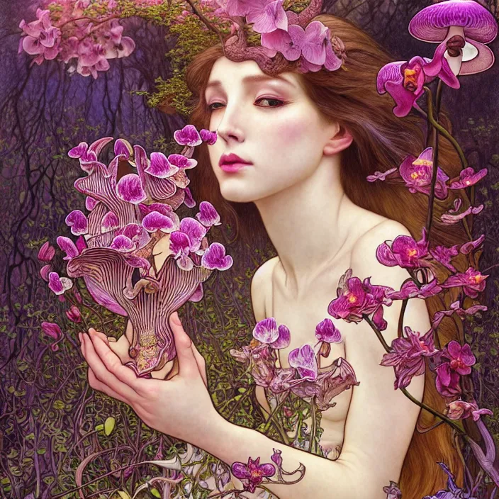 Image similar to psychedelic animal, orchid, cherry blossom tree, mushrooms, diffuse lighting, fantasy, intricate, elegant, highly detailed, lifelike, photorealistic, digital painting, artstation, illustration, concept art, smooth, sharp focus, art by John Collier and Albert Aublet and Krenz Cushart and Artem Demura and Alphonse Mucha and Giuseppe Arcimboldo