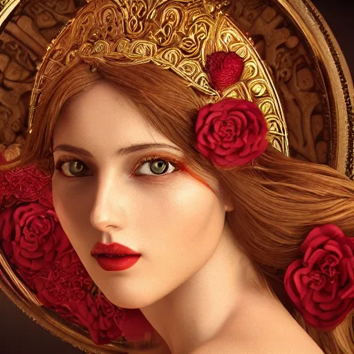 Prompt: Aphrodite Goddess of Love, intricate, seductive, erotic, tempting, portrait, character photography, Incredible red and gold illustration, highly detailed, octane render, 8k, post-processing