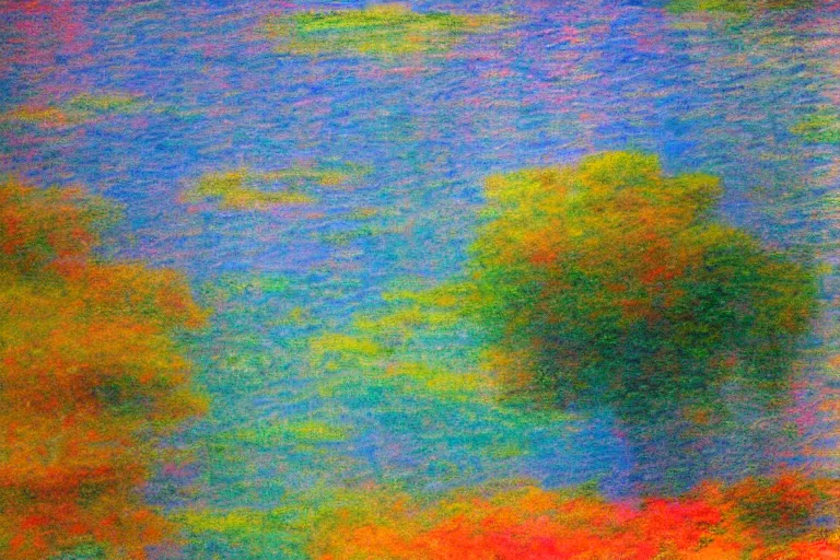 Prompt: Under a technicolor sky, in the style of Monet