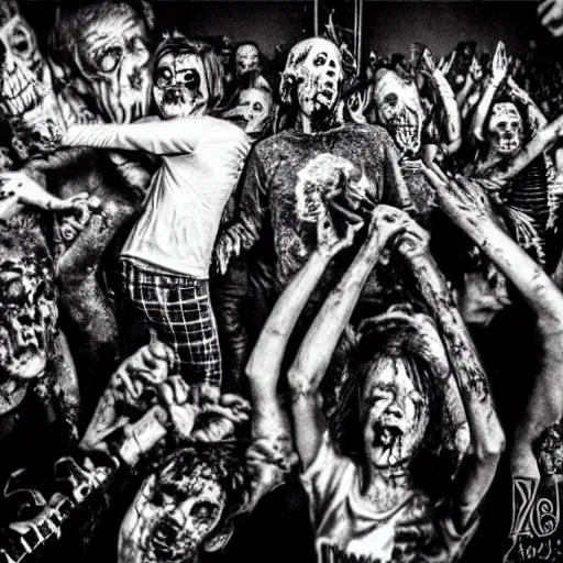 Image similar to zombies at a punk rock concert, highly detailed photo from 1985, black and white