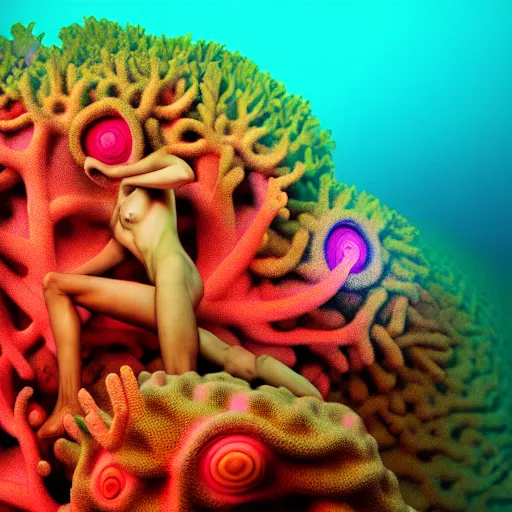 Image similar to psychedelic organic cyborg submerged in ocean coral reef, realism, extreme detail, real life, key art, soft light, volumetric light, photo by albert aublet