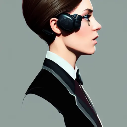 Image similar to young british special ops female in black tuxedo, muted colors, matte print, pastel colors, 2d, ultra highly detailed, smooth, sharp focus, digital art, digital painting, fan art, elegant, artstation, head is centered, by Ilya Kuvshinov