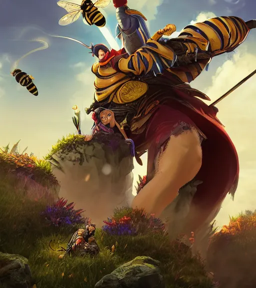 Prompt: an epic fantasy comic book style portrait painting of a bee attacking justin sun, studio ghibli, unreal 5, daz, hyperrealistic, octane render, cosplay, rpg portrait, dynamic lighting, intricate detail, harvest fall vibrancy, cinematic