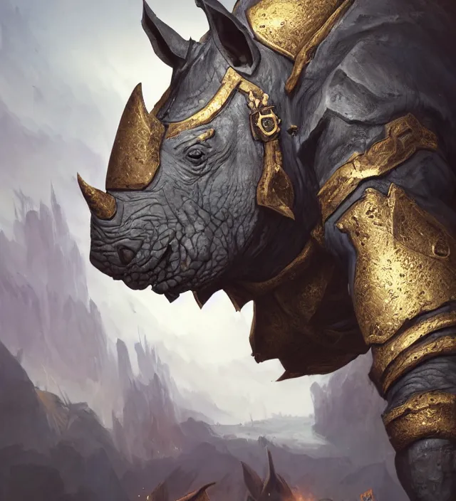 Prompt: a well rendered anthropomorphic rhinoceros portrait, world of Warcraft armor, subject in the center of the frame, rule of thirds, golden ratio, cyberpunk, elegant, digital painting, octane 4k render, zbrush, hyperrealistic, artstation, concept art, smooth, sharp focus, illustration from DnD by Ruan Jia and Mandy Jurgens and Artgerm and William-Adolphe Bouguerea