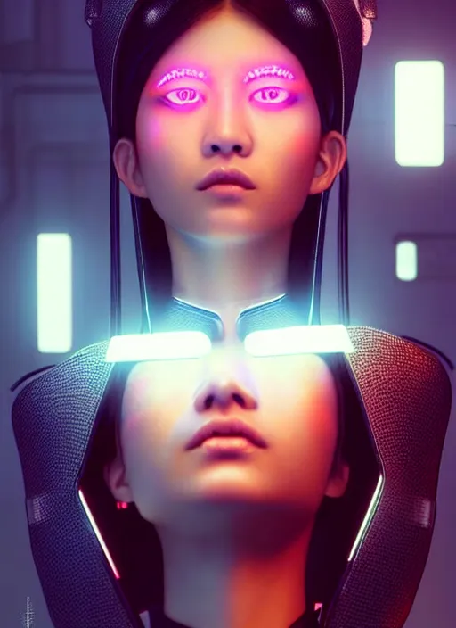 Image similar to photorealistic portrait of oriental female humanoid with freckle cheeks, cyber neon lightings, intricate, cyberpunk high fashion, elegant, crispy quality, digital photography, trending in artstation, trending in pinterest, glamor pose, no signature, no watermark, cinematic, octane render, art by artgerm, art by greg rutkowski, art by pascal blanche