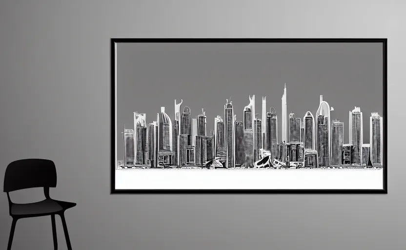 Prompt: minimalist outline drawing of dubai skyline on canvas