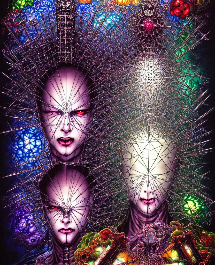 Image similar to realistic detailed image of ultra wrathful rainbow diamond nightmare scientist mega hellraiser depth perception depth of field action horror masterpiece neo - gothic gothic rich deep colors art by yoshitaka amano by yukito kishiro by yoshiyuki sadamoto by artgerm by hajime sorayama