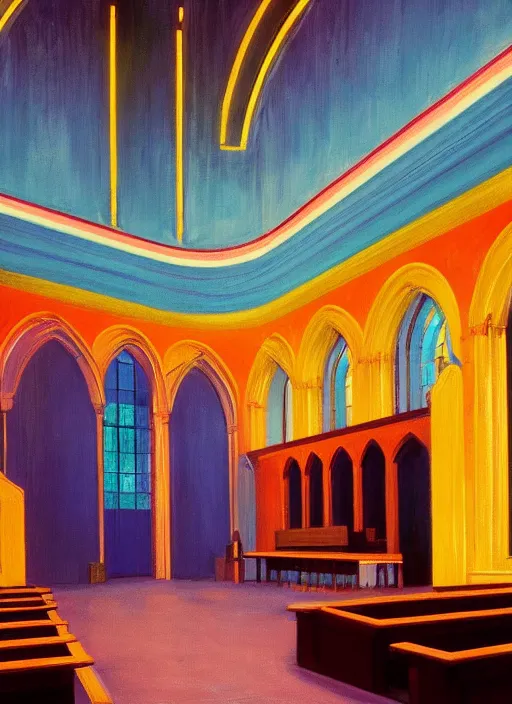 Image similar to a church interior with neon lights painted by Edward Hopper and James Gilleard