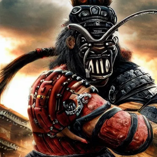 Image similar to big buff very strong very buff samurai wearing a cybernetic oni mask, hd movie still