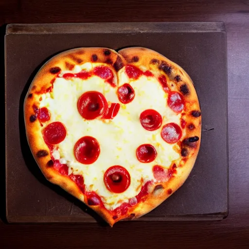 Image similar to heart shaped magerhita pizza with alot of cheese, 4 - 5 cherry tomata served on a wooden plate