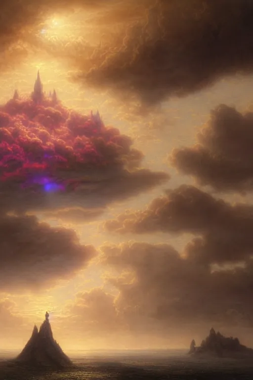 Prompt: a beautiful hyper realistic detailed matte painting of an island floating in the sky, flying castle tower, vivid color hues, looks like creativity by john howe, greg rutkowski, gustave dore, ferdinand knab, lush sky above a desolate apocalyptic plain, barometric projection, rectilinear, octane render, ellen jewett, beautiful surreal palatial pulsar at dawn