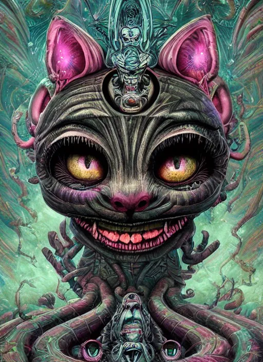 Image similar to cheshire cat, aztec god, alien, highly detailed, cinematic, 8 k, by megan duncanson, benjamin lacombe, adrian borda, stanley artgermm, tom bagshaw, craig mullins, carne griffiths, ayami kojima, beksinski, giger, trending on deviantart, hyper detailed, horror, full of colour