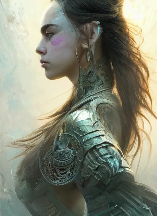 Image similar to a professional portrait of a beautiful young female, clothed in ethereal battle armor, olive skin, long dark hair, beautiful bone structure, symmetrical facial features, intricate, elegant, digital painting, concept art, smooth, sharp focus, finely detailed, illustration, from Valerian and the City of a Thousand Planets, in the style of Ruan Jia and Mandy Jurgens and Artgerm and Greg Rutkowski and William-Adolphe Bouguerea