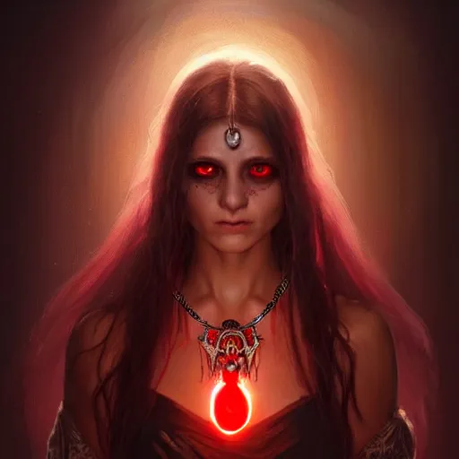 Image similar to Portrait of a young female necromancer with glowing red eyes wearing a necklace with bird skulls, epic dark fantasy, medium shot, intricate, elegant, highly detailed, digital painting, artstation, concept art, smooth, sharp focus, illustration, art by artgerm and greg rutkowski and alphonse mucha