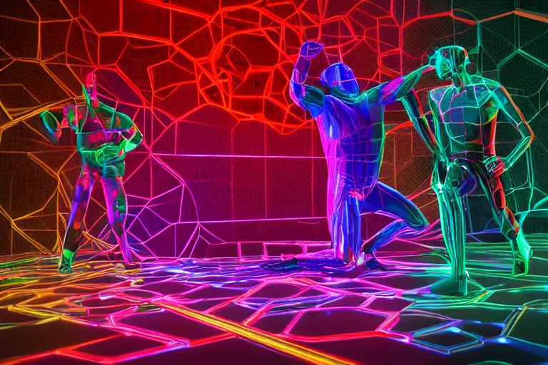 Image similar to full body, alan turing wrestling with agent smith, sculpture by auguste rodin, multicolored glowing tubes, glowing digital eyes, 8 k, front shot, symetrical, flourescent colors, halluzinogenic, multicolored, insanely detailed, 3 d render, octane