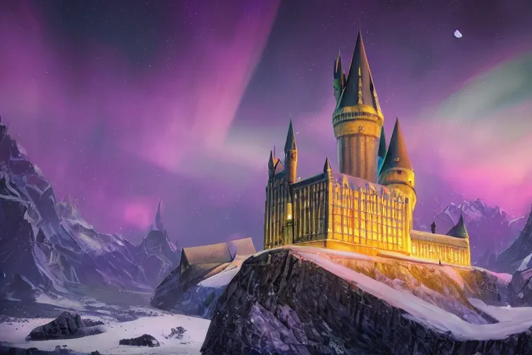 Image similar to mysterious painting of Hogwarts under the northern lights, immaculate scale, hyper-realistic, Unreal Engine, Octane Render, digital art, trending on Artstation, 16k, detailed, atmospheric, immaculate