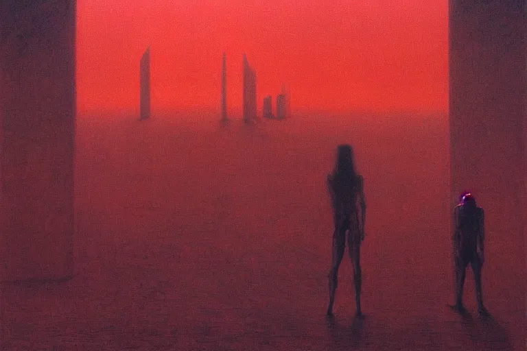 Image similar to only with red, red god of death eat apple, a futuristic city on mars in the background, red worms on the floor, in the style of beksinski, part by hopper, part by rodcenko, part by hofbauer, intricate composition, red by caravaggio, insanely quality, highly detailed, masterpiece, red light, artstation, 8 k