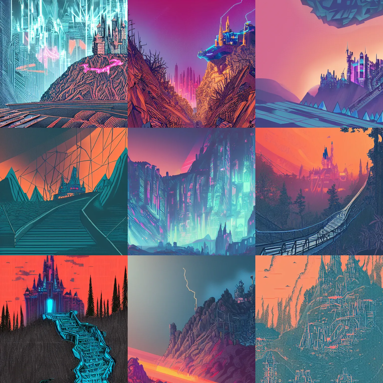Prompt: detailed cyberpunk illustration of steep long zig - zag path to an evil sharp fantasy disney castle over a high dark blue hill, orange to pink gradient sky and thunderstorm background. forest underneath