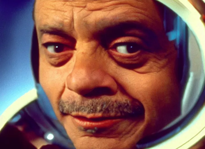 Image similar to film still of young old Cheech Marin as Dr. Dave Bowman in 2001 A Space Odyssey