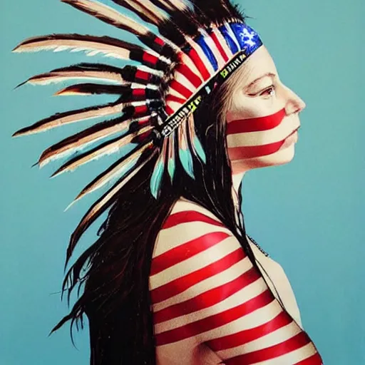 Image similar to a beautiful portrait sculpture designed by Sandra Chevrier, american indian headdress, American stars and stripes on face, by Annie Leibovitz