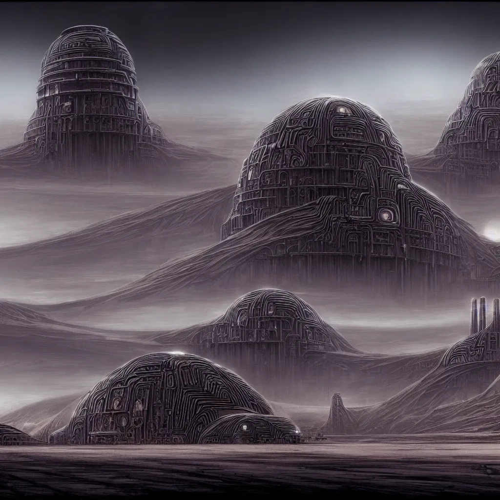 Prompt: industrial city in the desert, dune concept art by Yoshitaka Amano and H.R. Giger, monolithic structures, looming buildings, dark atmosphere, 4k, detailed,
