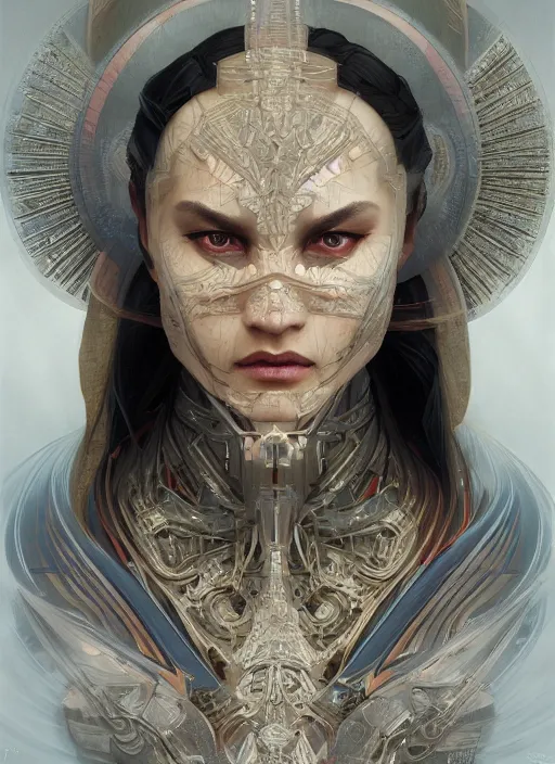 Image similar to symmetry!! shang tsung, machine parts embedded into face, intricate, elegant, highly detailed, digital painting, artstation, concept art, smooth, sharp focus, illustration, art by artgerm and greg rutkowski and alphonse mucha, 8 k