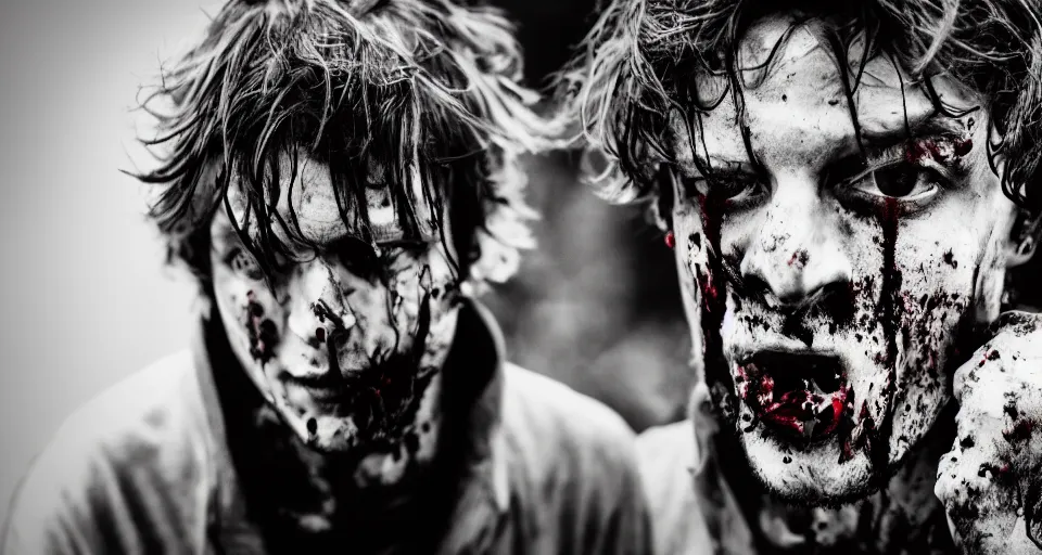 Prompt: bloody zombie nekfeu, 8 k, very high resolution, photo, black and white, processing, extremely hyperdetailed