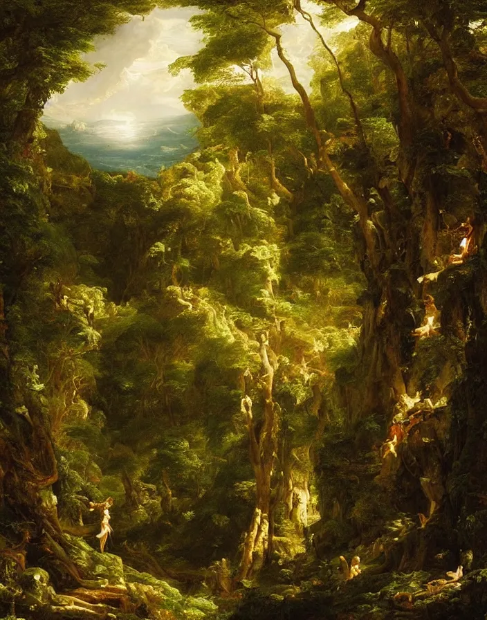 Image similar to an ancient greek statue lost in a gigantic forest by thomas cole, painting, cinematography, epic lighting,