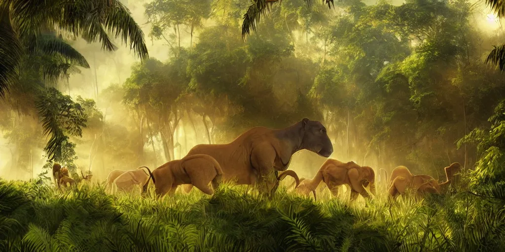 Prompt: vast wilderness of jungle with large mammals, sharp focus, highly detailed, golden hour, cgsociety