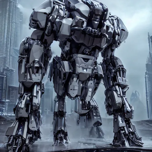 Image similar to huge full body white metalic gorilla mecha, with gorilla face, futuristic dystopian, mean, evil, isolated, with tiny human beside, ambient occlusion, 8k render, cg render, hyper real, realistic, octane