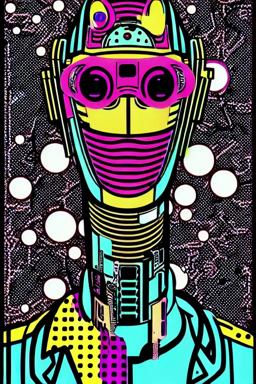 Image similar to futuristic japanese cyberpunk by roy lichtenstein, by andy warhol, ben - day dots, pop art, bladerunner, pixiv contest winner, cyberpunk style, cyberpunk color scheme, mechanical, high resolution, hd, intricate detail, fine detail, 8 k