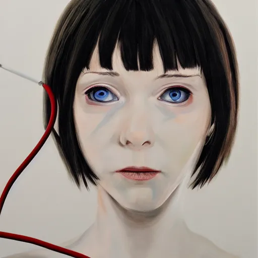 Image similar to pure evil lain with hundreds of wires coming out of her head, portrait, painting