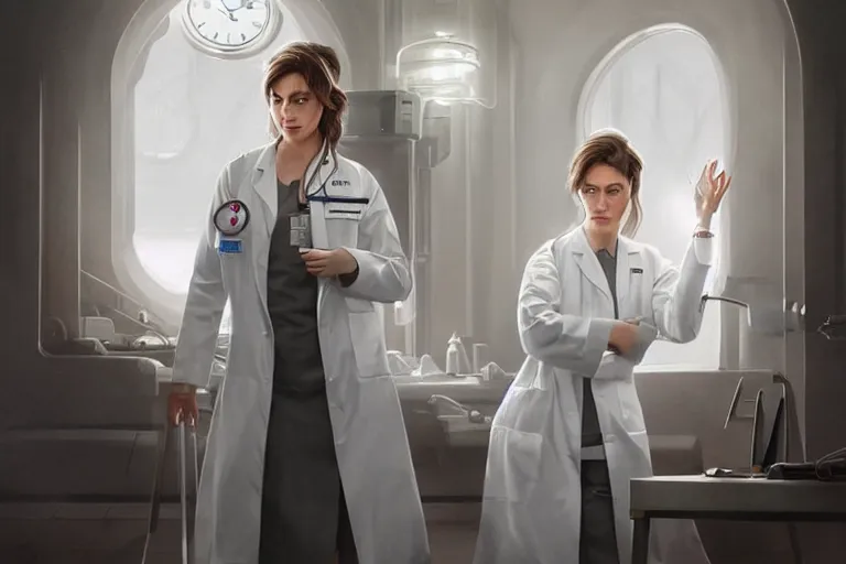 Image similar to a poster of emergency room, an elegant and beautiful female doctor in a white coat, cinematic, highly detailed, digital painting, artstation, concept art, matte, sharp focus, illustration, art by artgerm and greg rutkowski