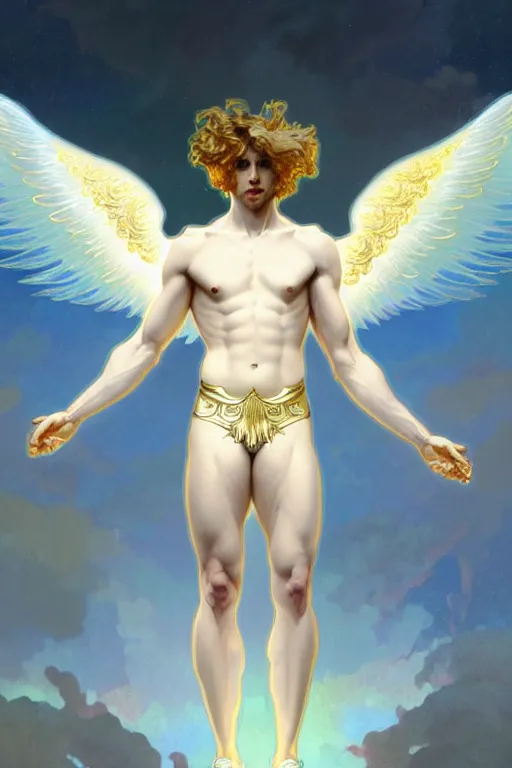 Prompt: fullbody portrait of a beautiful young fit male angel with curly blond hairs, fluent clothes around the legs, majestic symmetrical big eagle wings, luminous halo, by greg rutkowski and alphonse mucha, gradient white to gold, in front of an iridescent background, highly detailed portrait, digital painting, artstation, concept art, smooth, sharp focus illustration