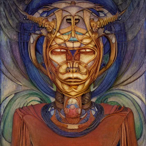 Image similar to the robot queen with her bird mask, by annie swynnerton and diego rivera and elihu vedder and jean delville, symbolist, dramatic lighting, elaborate geometric ornament, head and shoulders view, art brut, soft cool colors, smooth, sharp focus, extremely detailed, adolf wolfli, leo and diane dillon