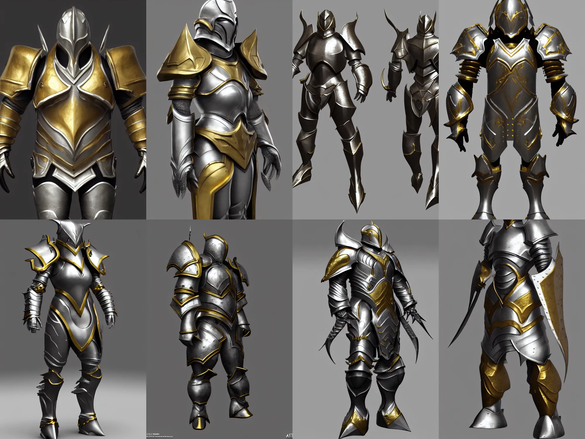 Prompt: render of heavy fantasy armor, silver with gold trim, extremely clean, smooth, flat shading, exaggerated proportions, trending on Artstation, fantasy character concept, HD Octane render