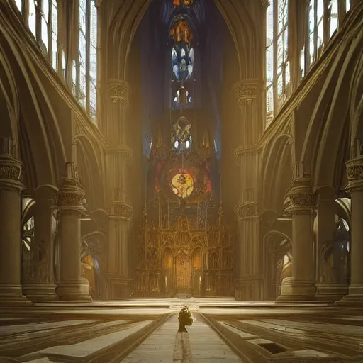 Prompt: a beautiful picture of the interior of a cathedral designed by Alphonse Mucha and Greg Rutkowski, trending on Artstation