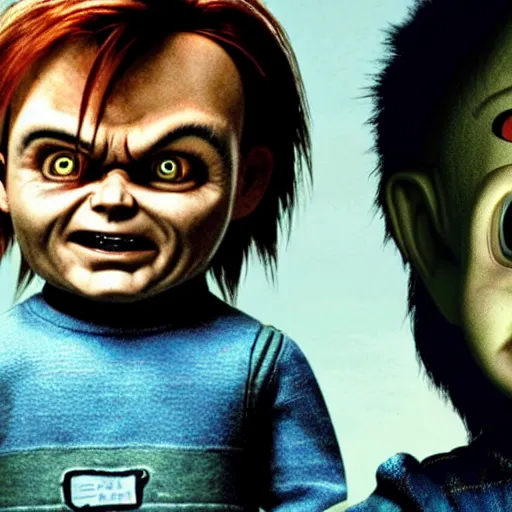 Prompt: Chucky versus Michael Myers movie poster