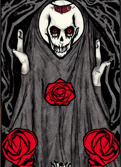 Prompt: tarot card :: horror :: vampire :: blood and roses :: by deiv calviz and bossmonsterbani