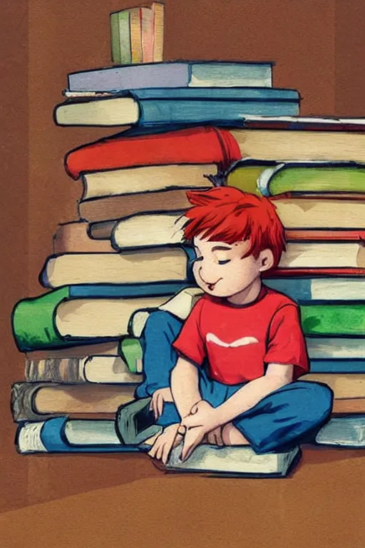 Prompt: a little boy with red hair sits cross legged on top of a tall pile of books. he is reading. clean elegant pretty cartoon painting, beautiful detailed face, storybook illustration.