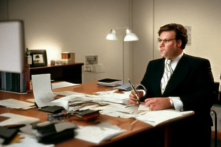 Prompt: cinematic still of portly clean-shaven white man wearing suit and necktie at his desk in his office in 1994 film, XF IQ4, f/1.4, ISO 200, 1/160s, 8K, RAW, dramatic lighting, symmetrical balance, in-frame