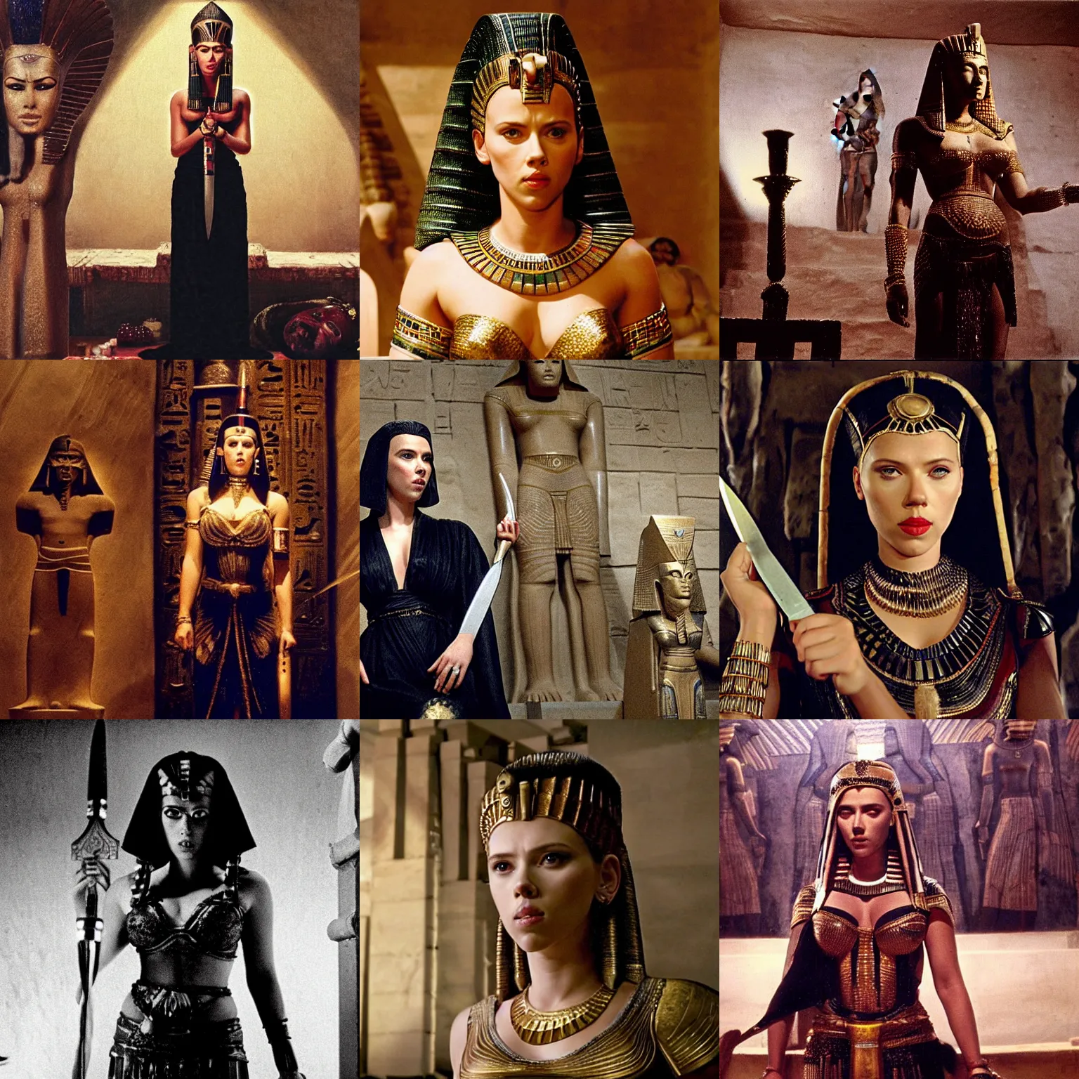 Prompt: scarlett johansson, dressed in dress, egyptian hair care and egyptian eye makeup, standing near altar, holding knife, full body, as anck su namun from movie mummy 1999, far, egyptian pyramid interior, rembrandt oil painting