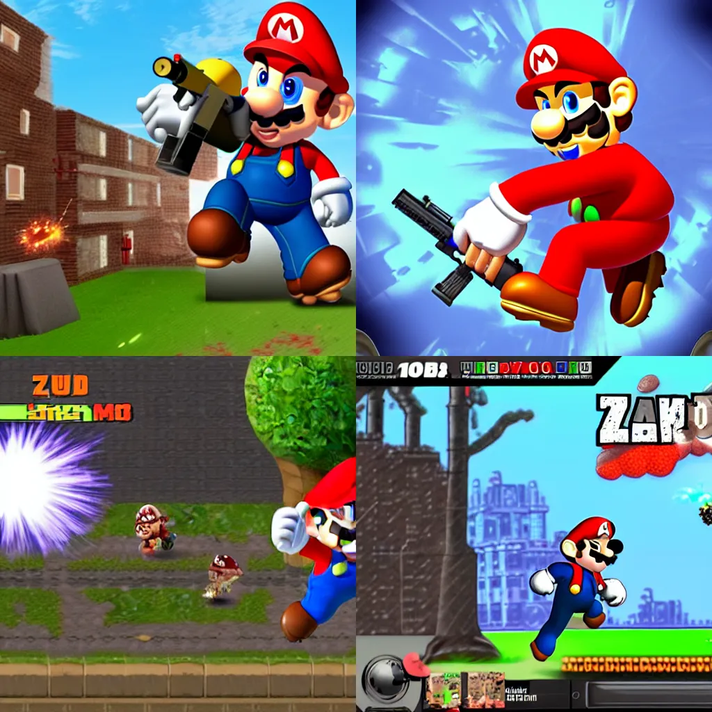 Prompt: Mario with a minigun shoots back from zombies, 3d graphics, game screen