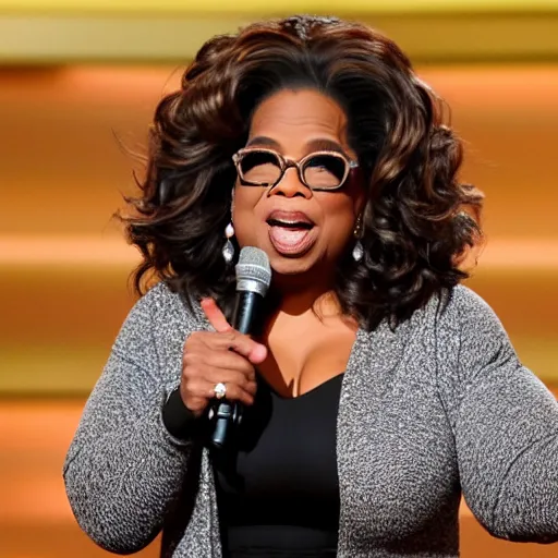 Prompt: oprah winfrey holding up a mouse to the camera