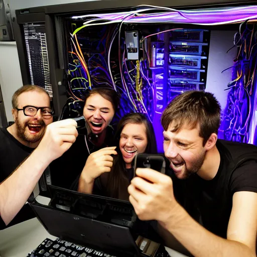 Prompt: selfie of a tight group of happy drunken hackers at a party in a highly detailed server room with computers everywhere and wires in a scif