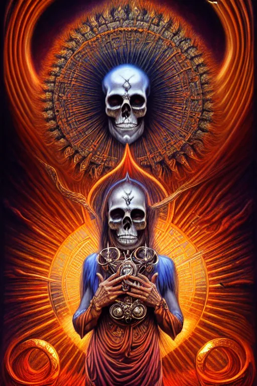 Image similar to A beautiful detailed orixa sun godness, tarot card, by tomasz alen kopera and Justin Gerard, symmetrical features, ominous, magical realism, texture, intricate, ornate, royally decorated, skull, skeleton, whirling smoke, embers, red adornements, red torn fabric, radiant colors, fantasy, trending on artstation, volumetric lighting, micro details, 3d sculpture, ray tracing, 8k, anaglyph effect