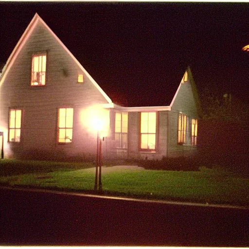 Image similar to a foggy high flash photo of a suburban home from the street at night, 2 0 0 6, taken with a disposable camera